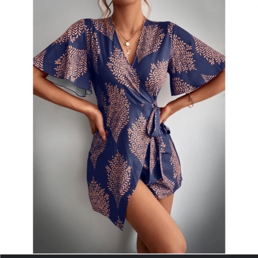 Purple and Orange Cream Palm Leaf Tropical Patterned Romper Shorts One Piece Lg - Picture 6 of 7